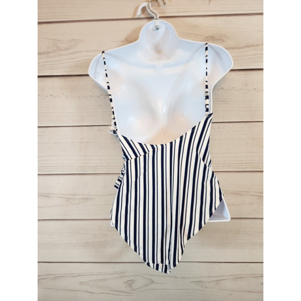 Molybell Womens Medium Navy Blue Striped One Piece Swimsuit Side Tie Wrap Front - Picture 2 of 6